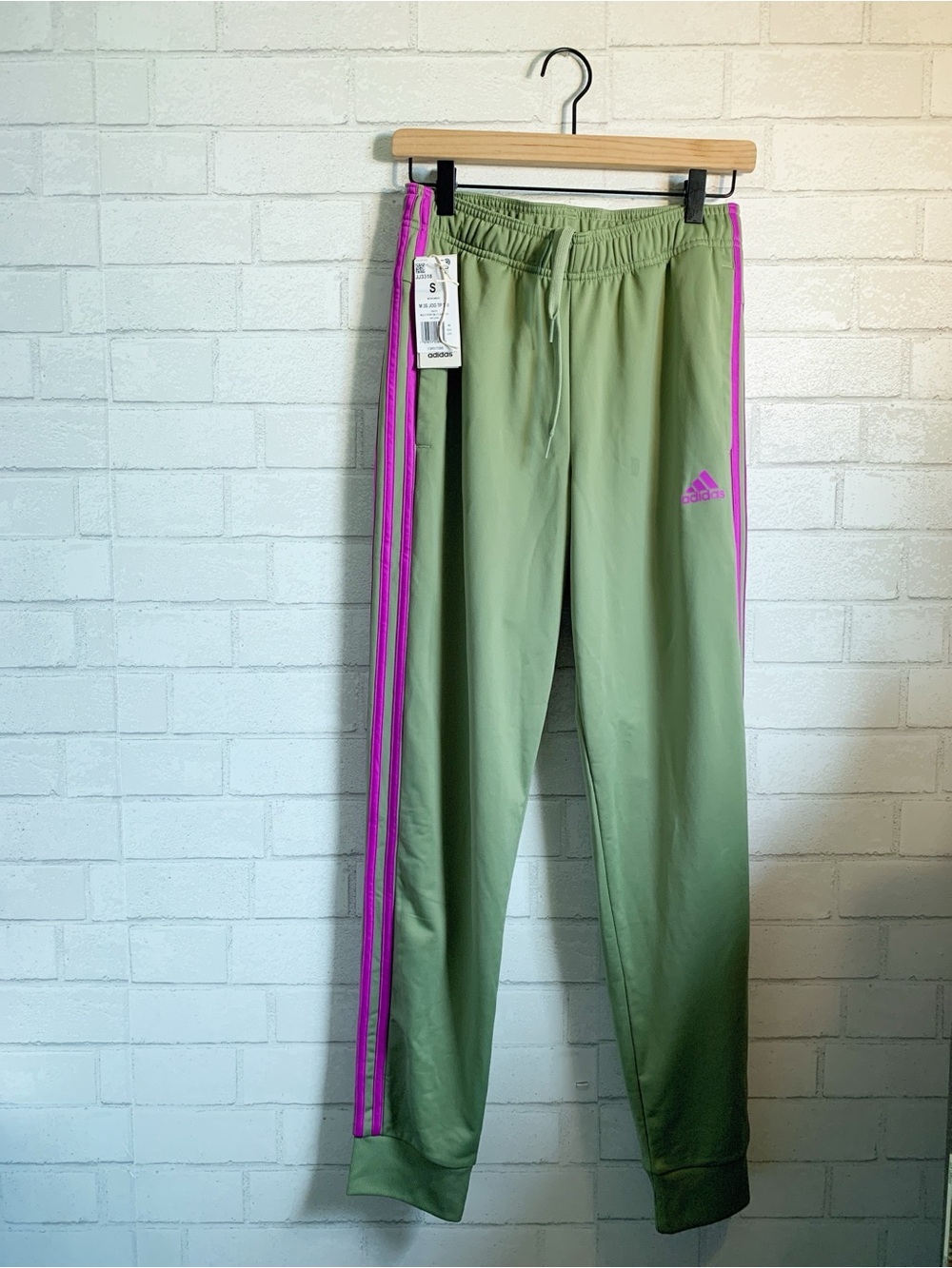 adidas Unisex Olive Green Track Pants Joggers Neon Purple Stripes XS/S